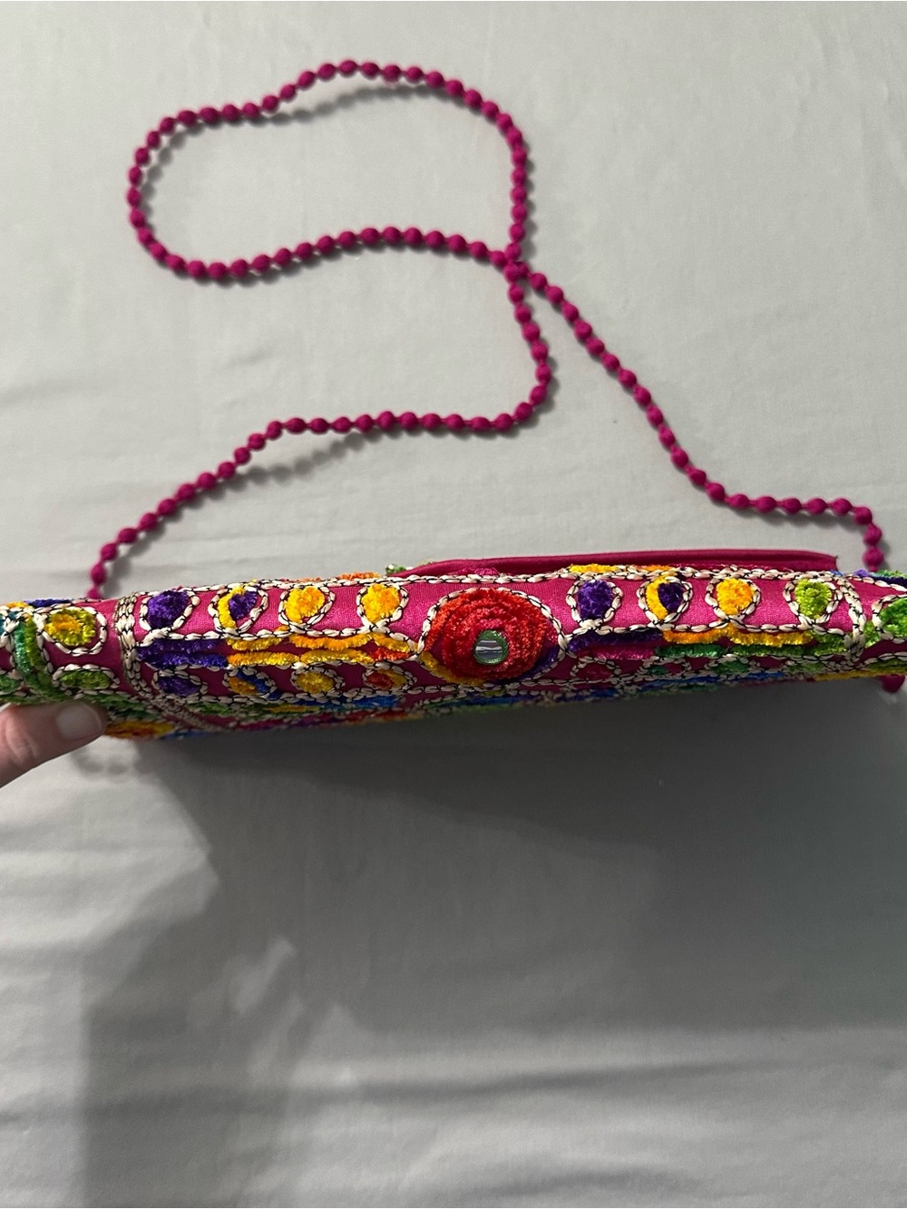 Maatangi Boho Embroidered Mirror Work Foldover Clutch Crossbody Purse Hot Pink - Picture 8 of 10